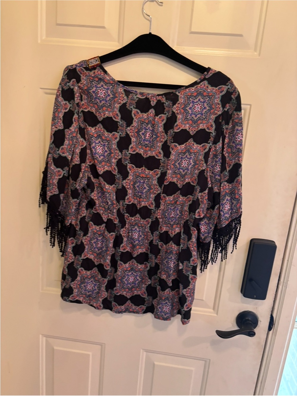 ONE WORLD Boho Chic Black Tunic with Purple Medallion Print & Fringe - Picture 4 of 5